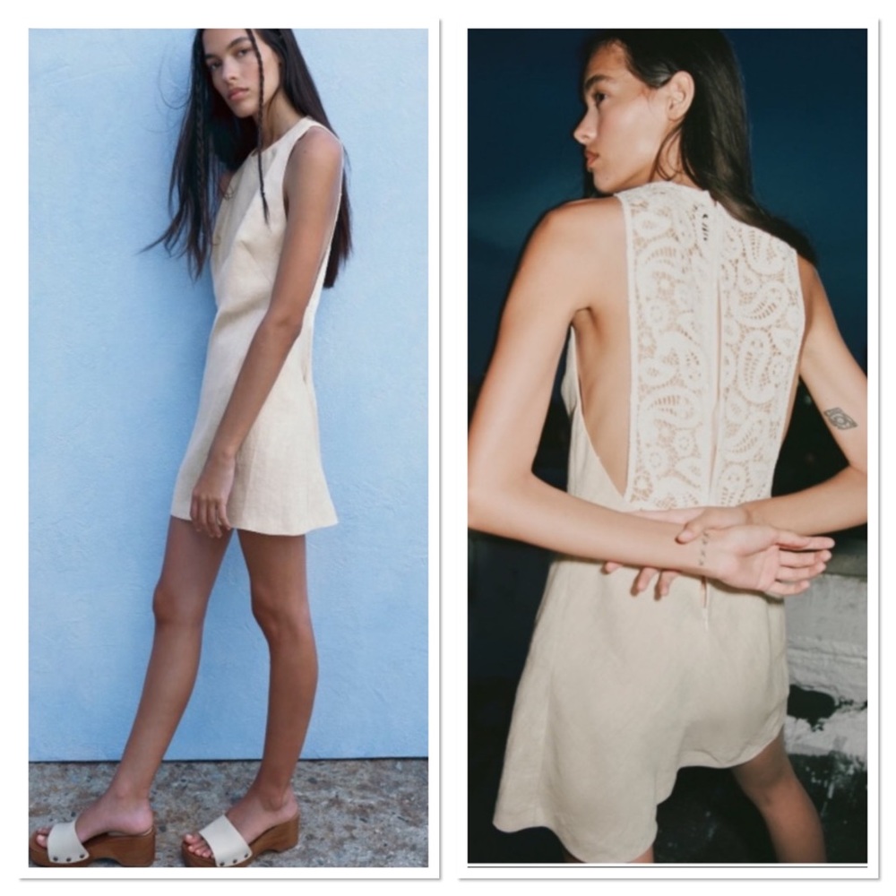 NWT Zara Round Neckline Crochet Appliqué Linen Mini Dress
